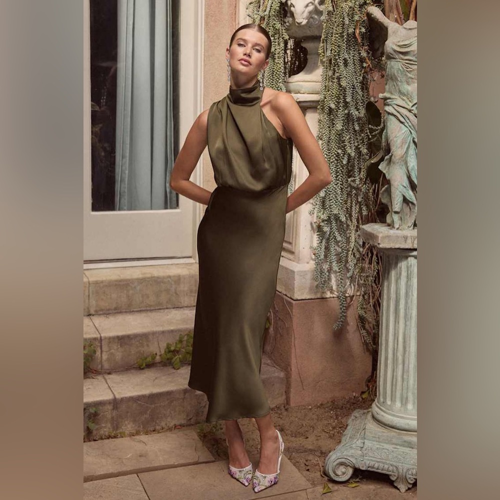 NWT Lulu's Distinctive Charm Olive Green Satin Asymmetrical Midi Dress - Picture 3 of 9